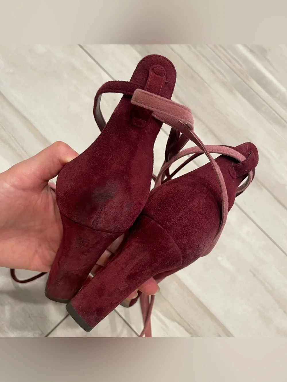 Jimmy Choo Flynn, orchid pink and burgundy suede wrap heels 37.5 7 7.5